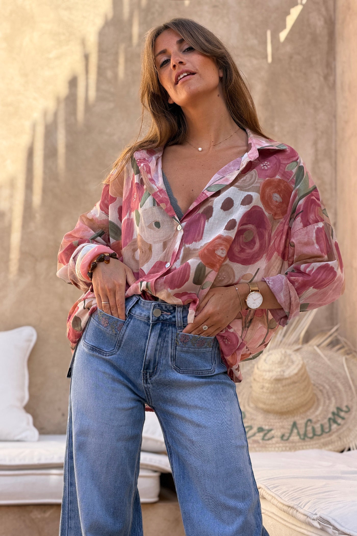 Alejandra - Camisa de voile de algodón estampada con flores