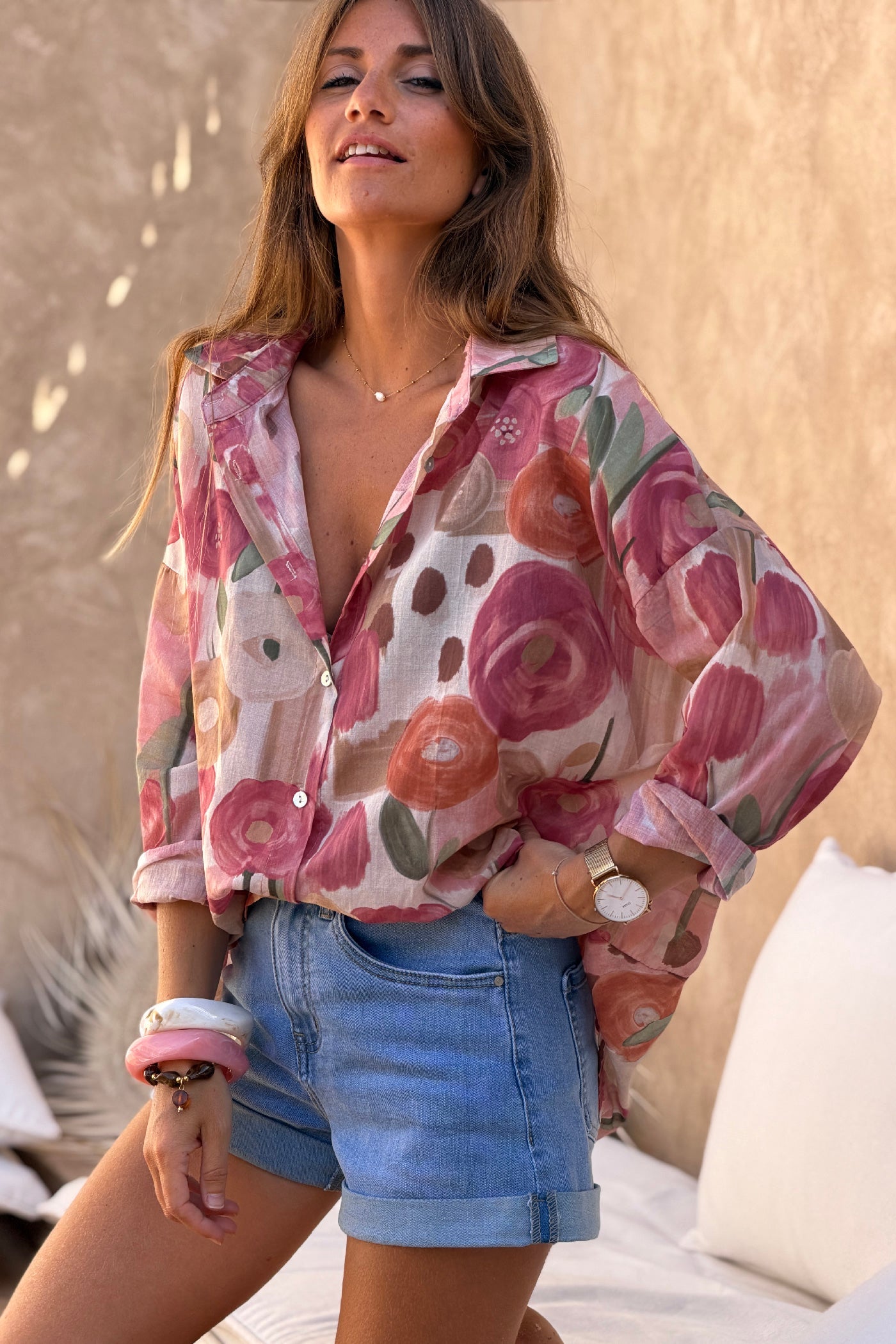 Alejandra - Camisa de voile de algodón estampada con flores