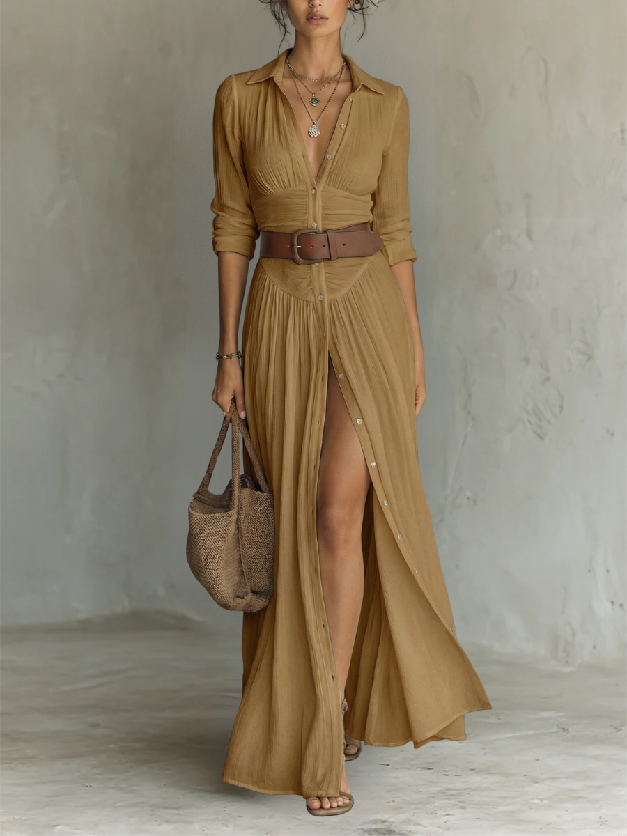 Analia - Vestido largo con cuello festoneado, cinturón y mangas largas
