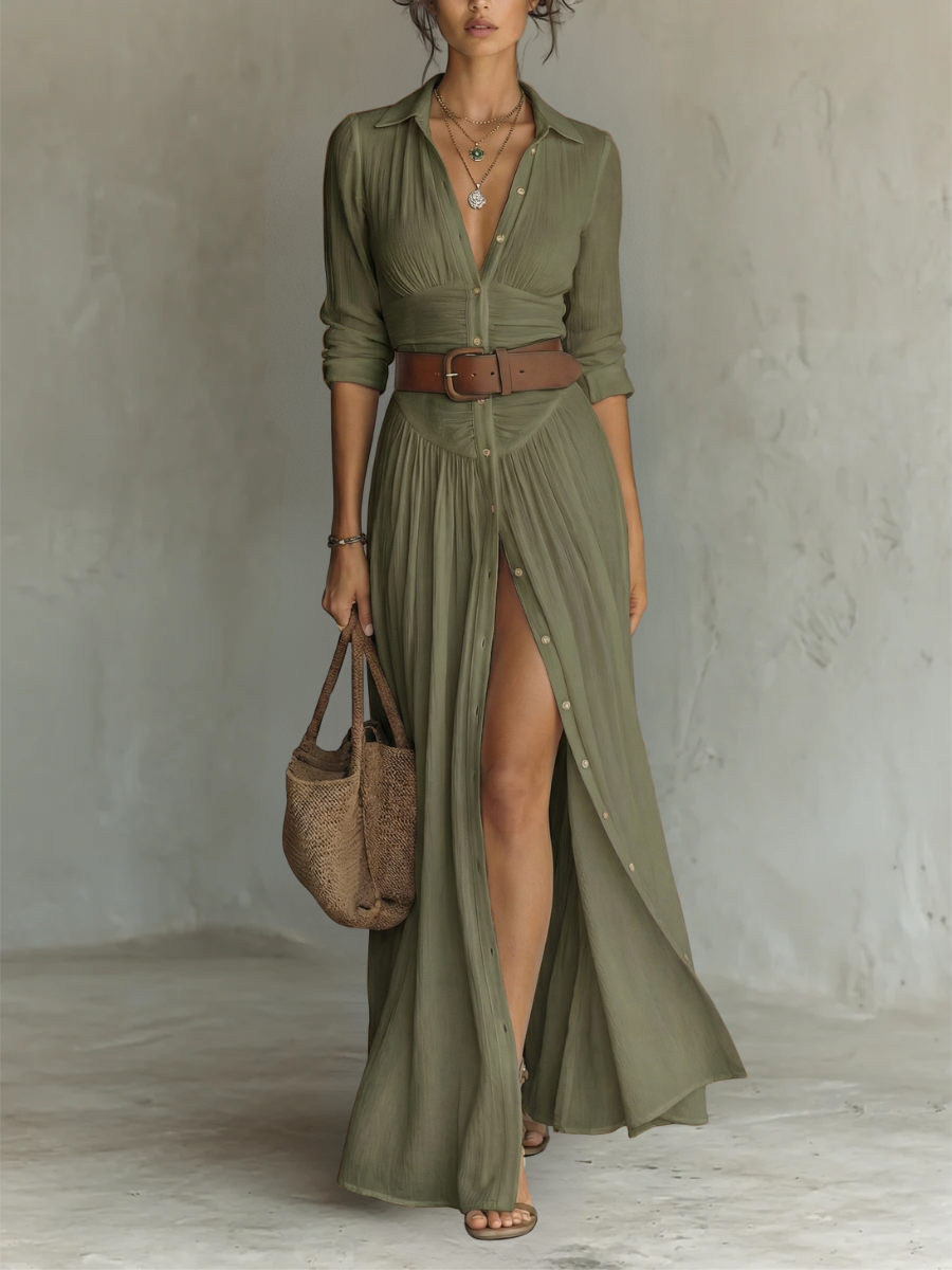 Analia - Vestido largo con cuello festoneado, cinturón y mangas largas