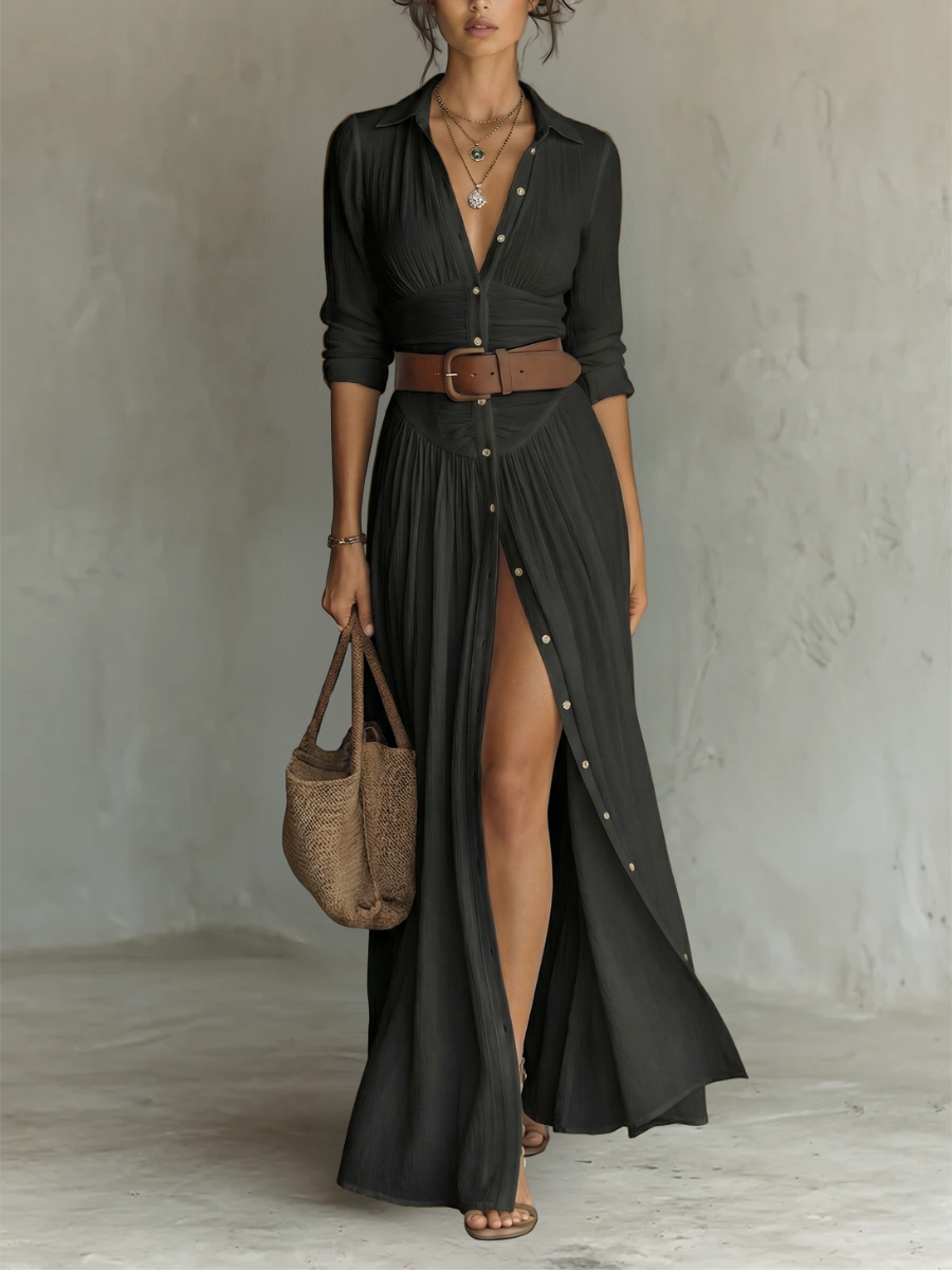 Analia - Vestido largo con cuello festoneado, cinturón y mangas largas