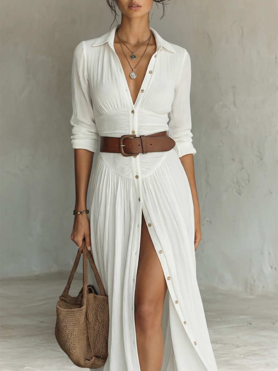 Analia - Vestido largo con cuello festoneado, cinturón y mangas largas
