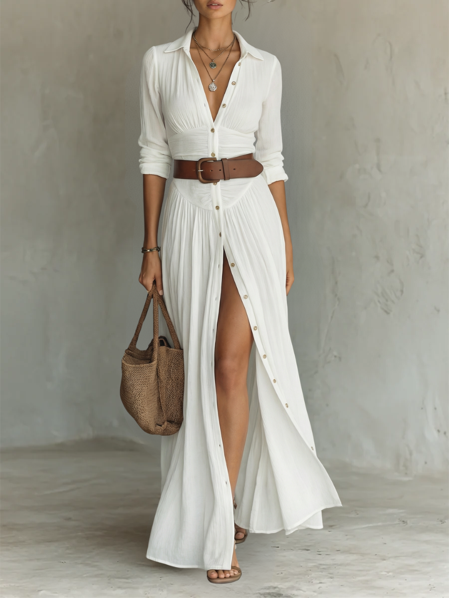 Analia - Vestido largo con cuello festoneado, cinturón y mangas largas