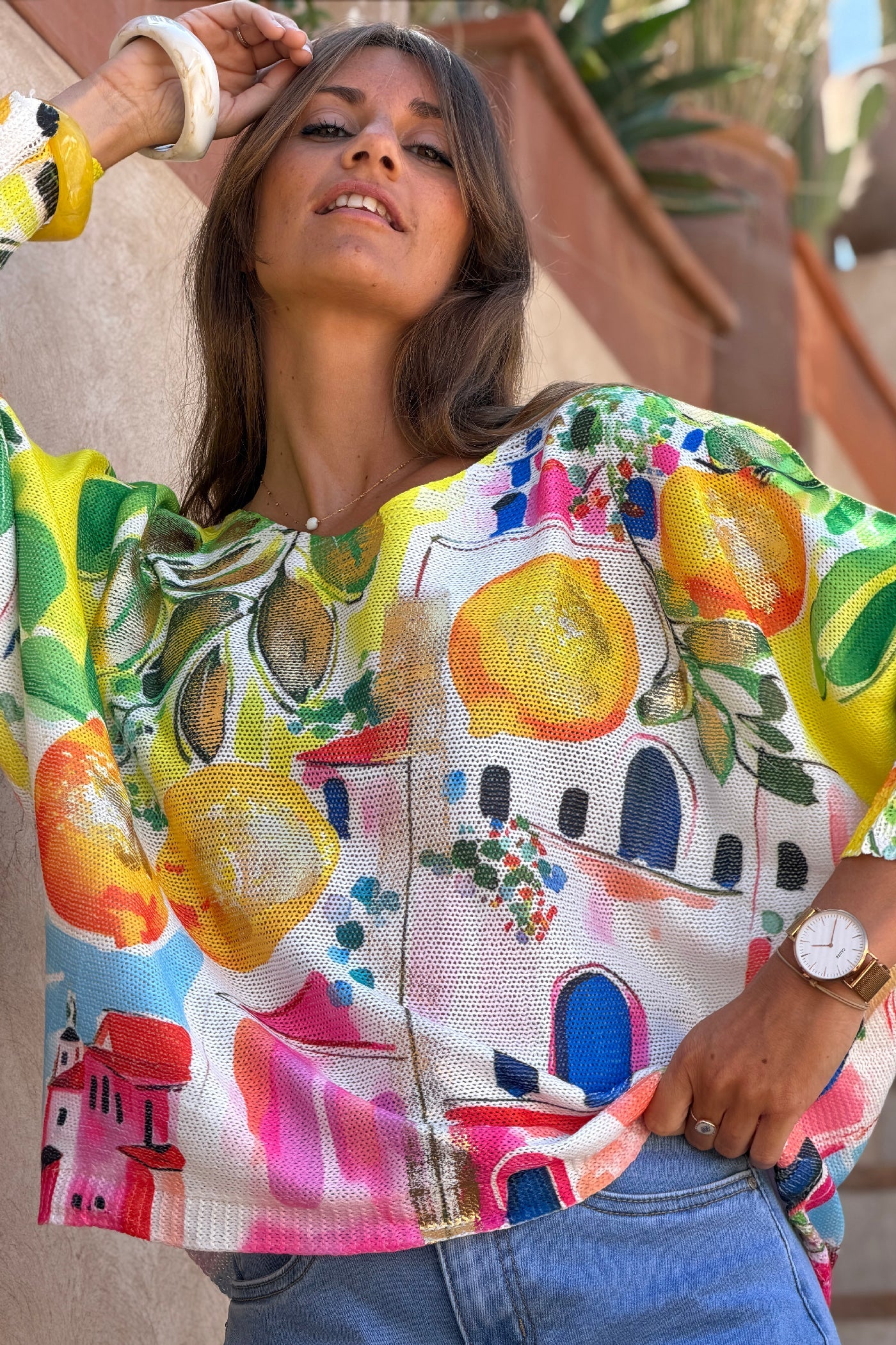 Isabel - Suéter de punto estampado colorido, estilo Italia, con detalles dorados