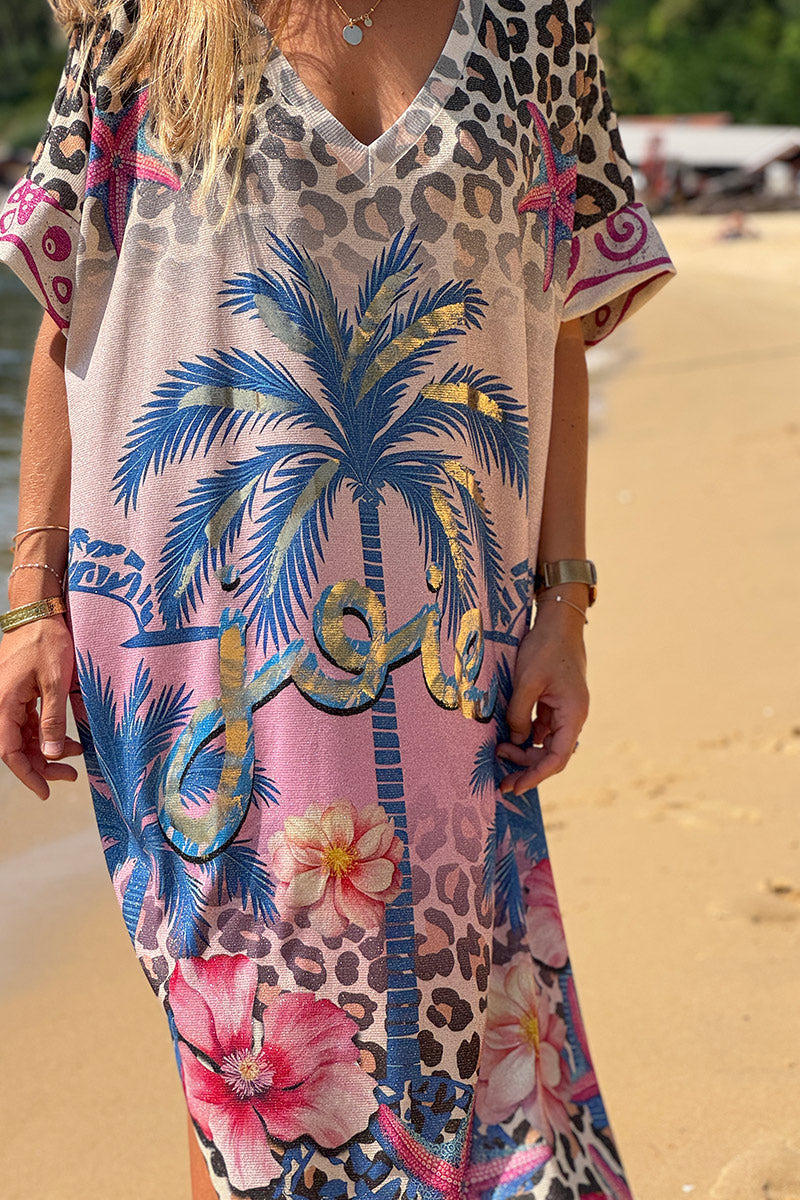 Noa - Vestido largo, brillante y amplio con estampado de palmeras, leopardo, hibisco, ojos y alegría