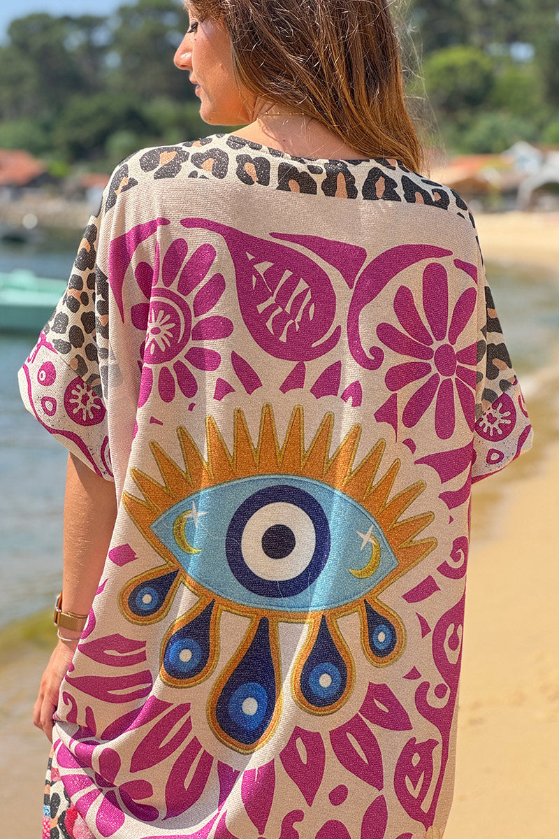 Noa - Vestido largo, brillante y amplio con estampado de palmeras, leopardo, hibisco, ojos y alegría