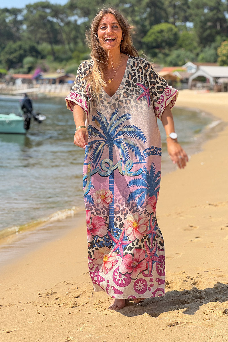 Noa - Vestido largo, brillante y amplio con estampado de palmeras, leopardo, hibisco, ojos y alegría