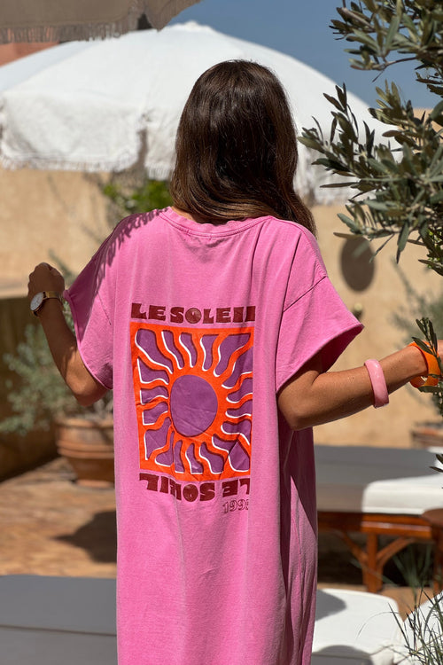 Amara - Vestido largo y cómodo de color rosa deslavado, de algodón elástico, con cuello en V y estampado de soles