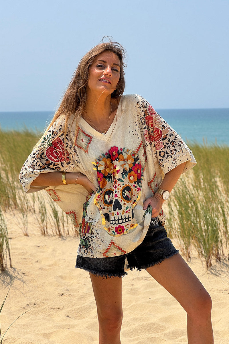 Carla - Top grande de color beige brillante