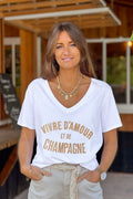Guadalupe - Camiseta blanca de cuello en V y mangas cortas con lema