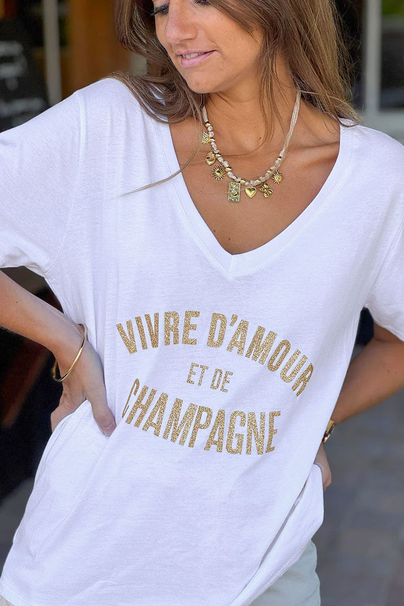 Guadalupe - Camiseta blanca de cuello en V y mangas cortas con lema