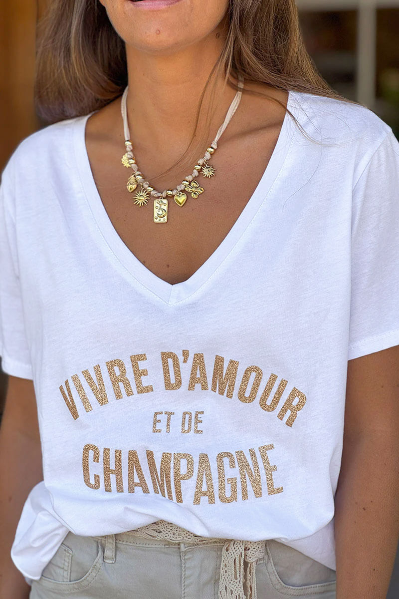 Guadalupe - Camiseta blanca de cuello en V y mangas cortas con lema